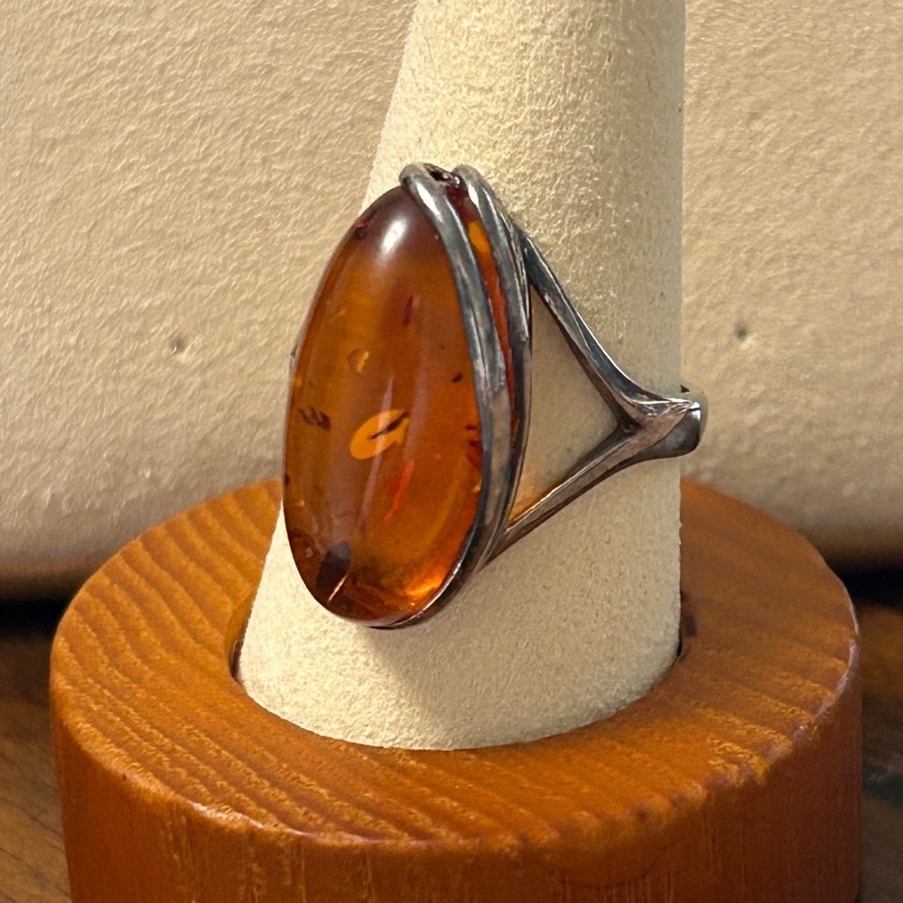 Sterling Silver Cognac Baltic Amber Oval Statement Ring Size 7.25 Vintage 925